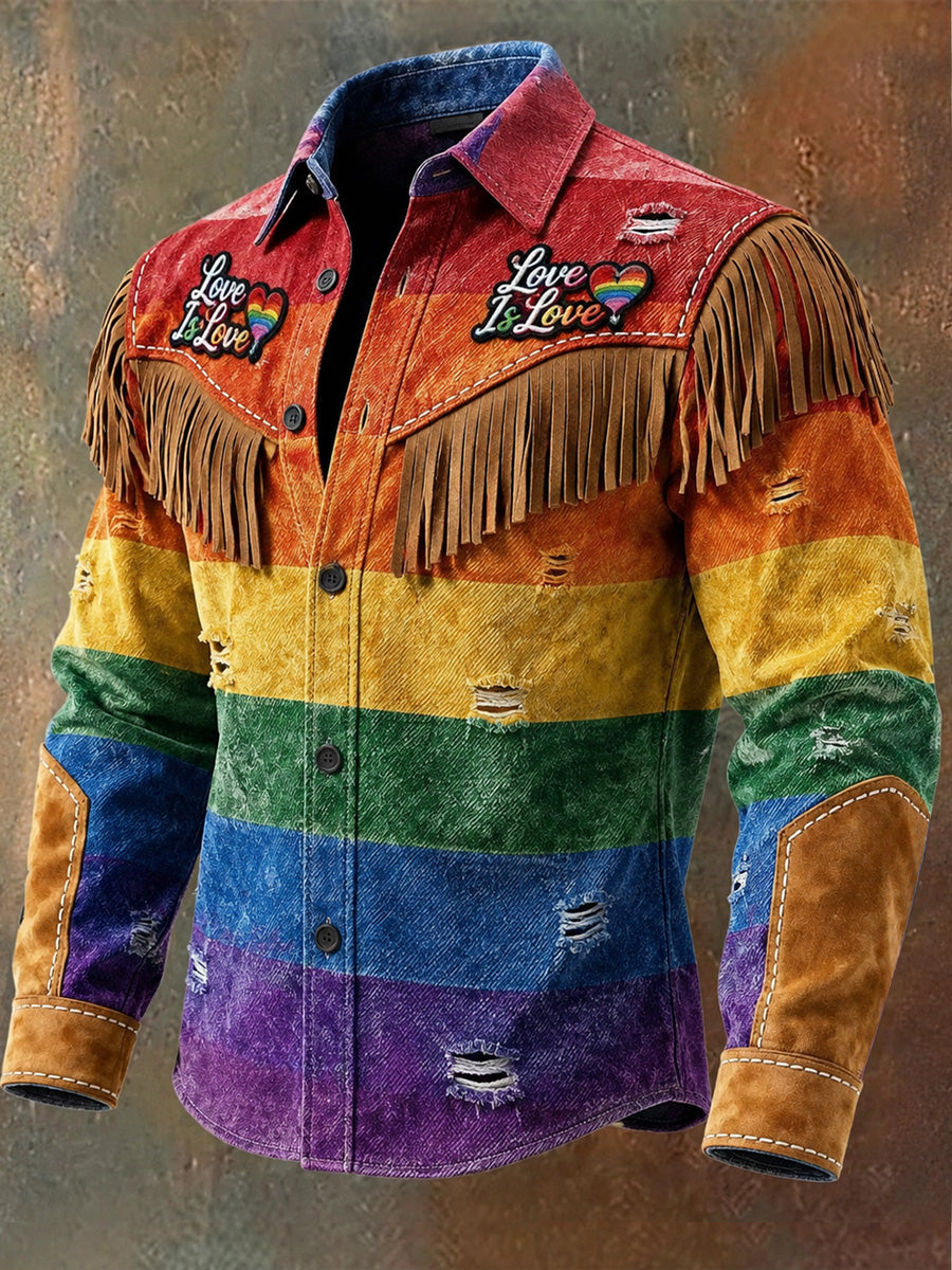 Men's Retro Pride Month Rainbow Art Print Western Vintage Tassel Casual Long Sleeve Shirt