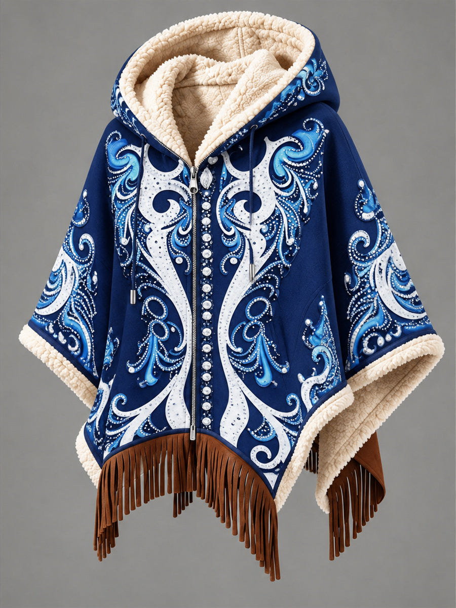 Women's Fall Winter Vintage Art Fleece-Lined Hooded Fringe Poncho