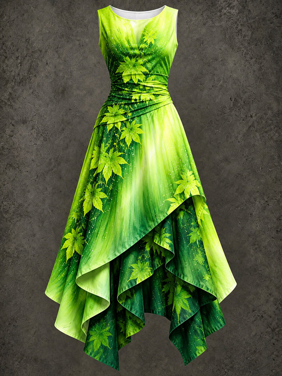 Retro Art Printed Vintage Sleeveless Irregularly Layered Stitched Midi Dress