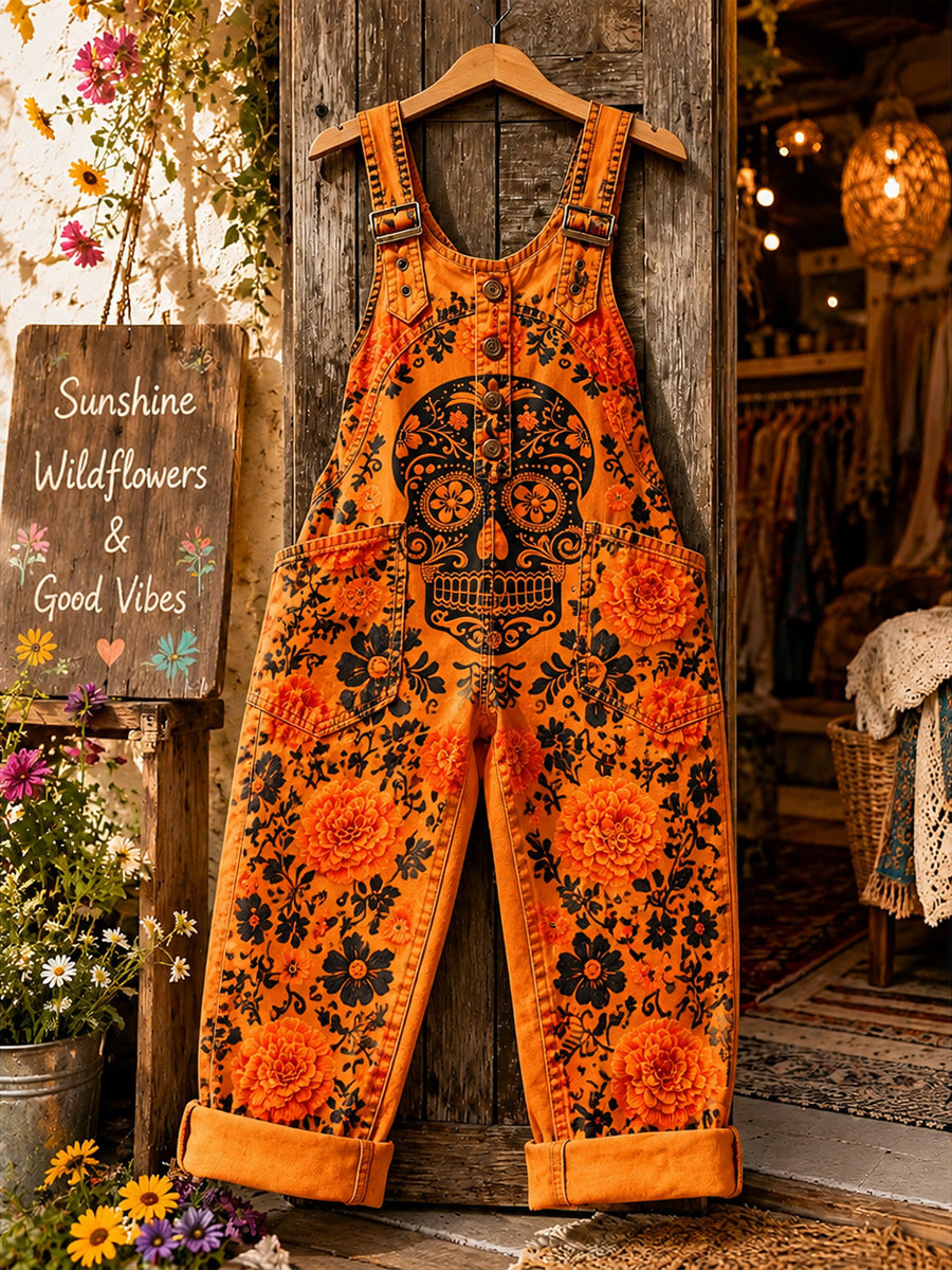 Women's Retro Style Art Print Washed Cotton Denim Patchwork Jumpsuit