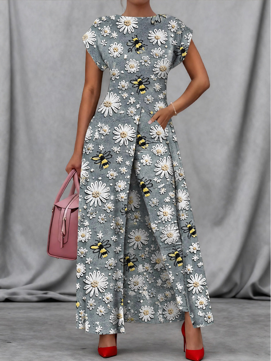 Retro Style Art Print Vintage Long Split Shirts Dress Skinny Pants Two-Piece Set
