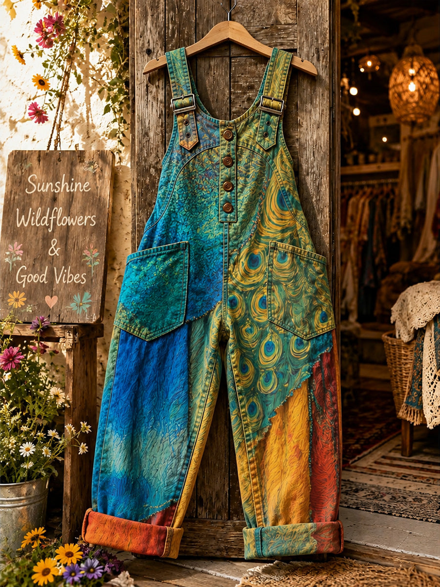 Women's Retro Style Art Print Washed Cotton Denim Patchwork Jumpsuit
