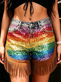 Women's Retro Floral Art Print Casual Leather Fringe Patchwork Pocket Shorts