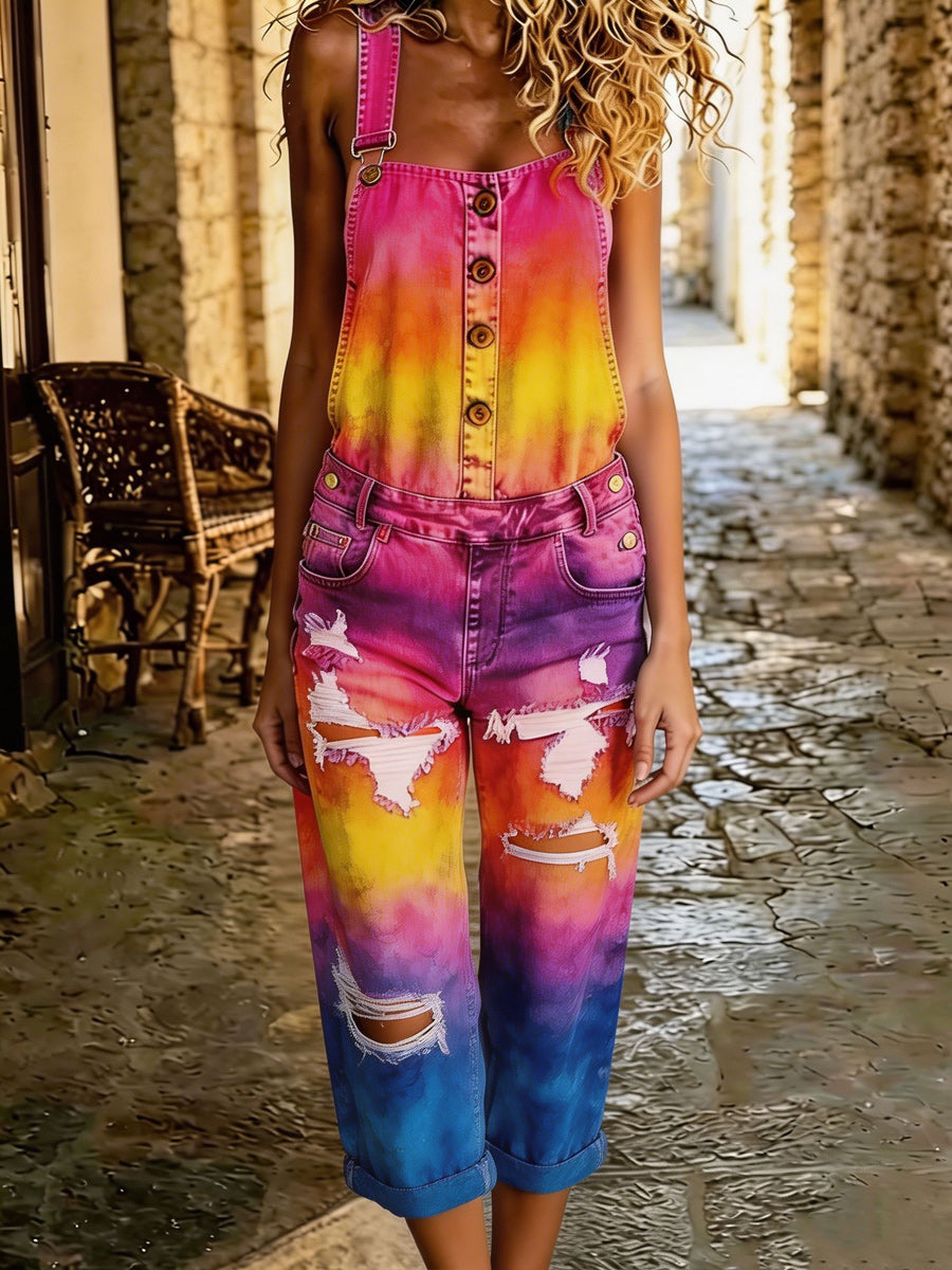 Women's Retro Style Art Print Washed Cotton Denim Patchwork Jumpsuit