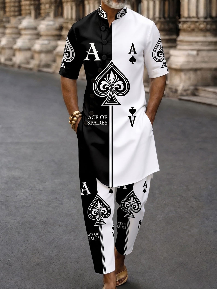 Men's Poker Card Art Casual Vacation Cotton Shirt Set