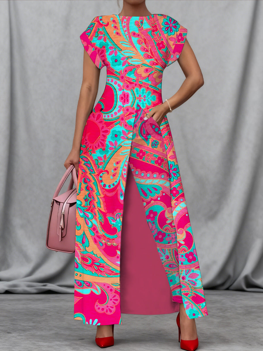 Retro Boho Floral Art Print Vintage Long Split Shirts Dress Skinny Pants Two-Piece Set