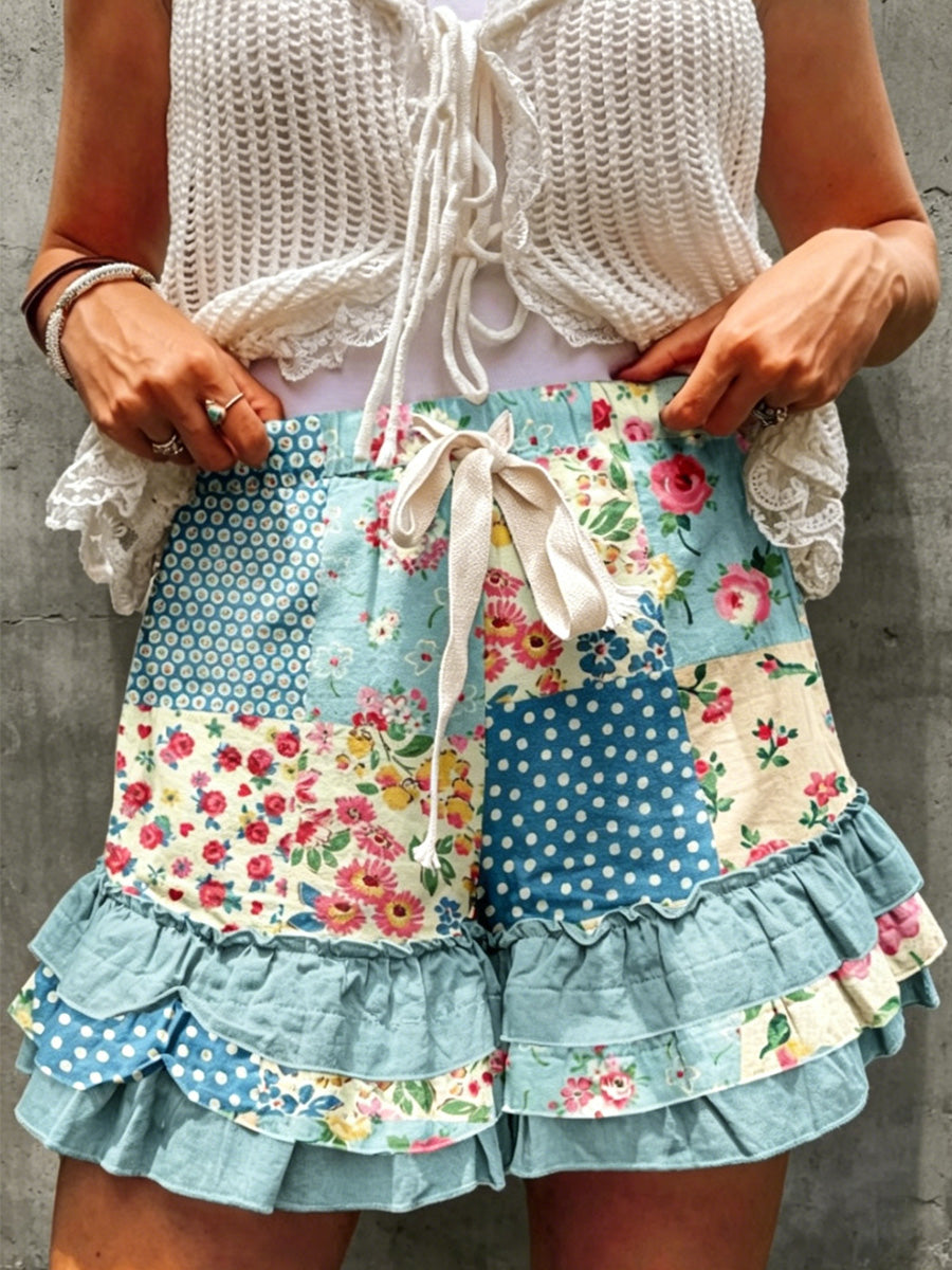 Women's Retro Floral Color-Blocked Art Print Casual Multi-Layer Ruffle Shorts