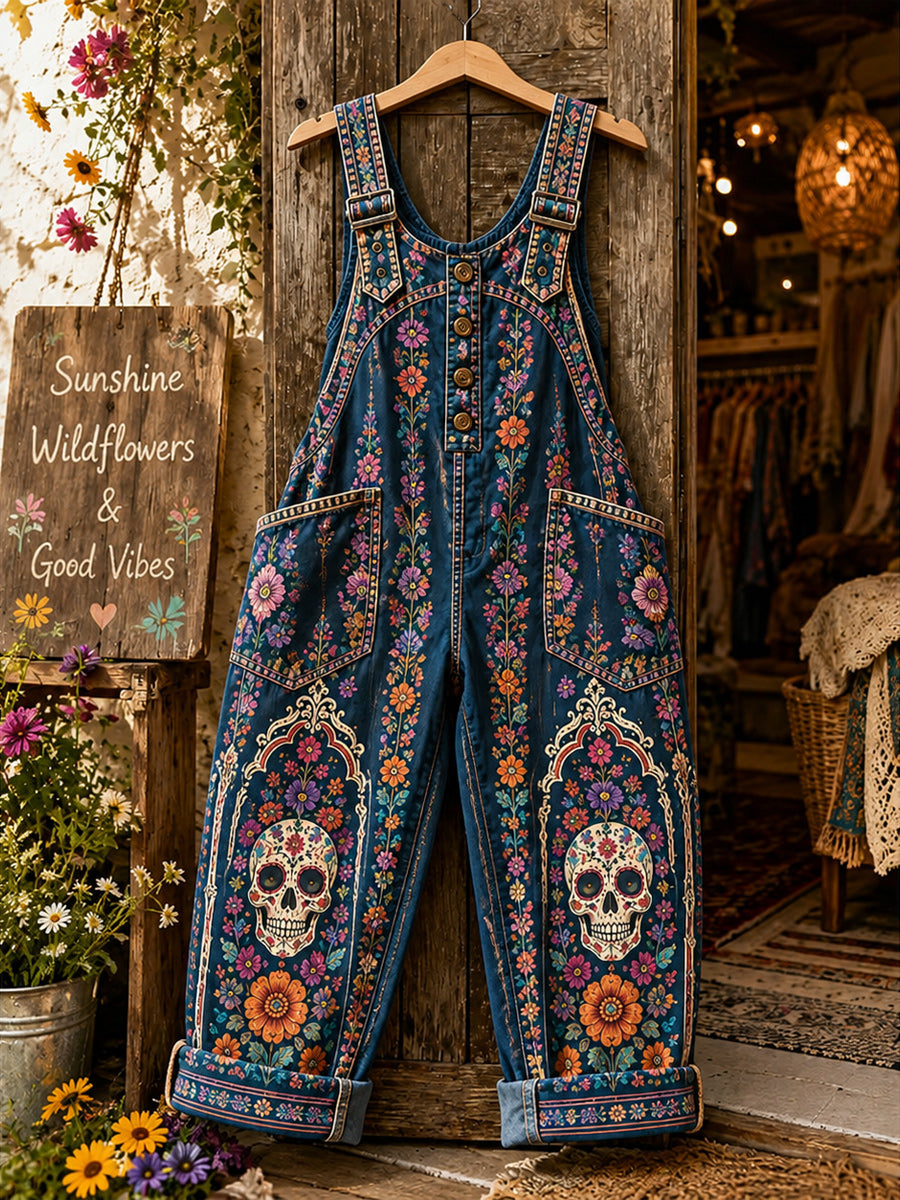 Women's Retro Style Art Print Washed Cotton Denim Patchwork Jumpsuit