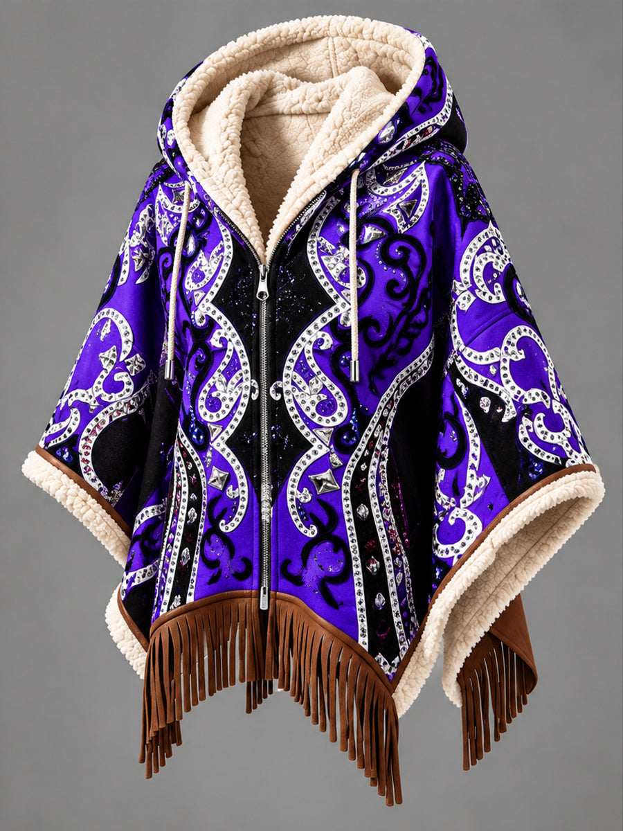 Women's Fall Winter Vintage Art Fleece-Lined Hooded Fringe Poncho