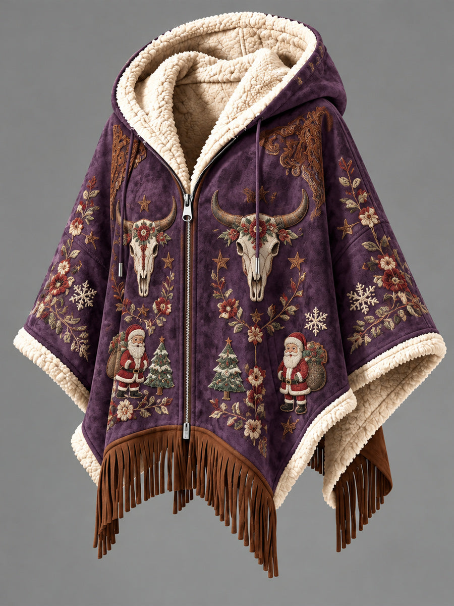 Women's Fall Winter Vintage Art Fleece-Lined Hooded Fringe Poncho