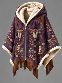 Women's Fall Winter Vintage Art Fleece-Lined Hooded Fringe Poncho