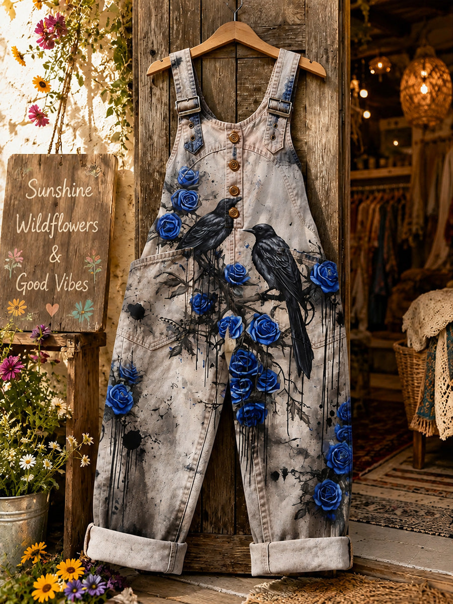 Women's Retro Style Art Print Washed Cotton Denim Patchwork Jumpsuit