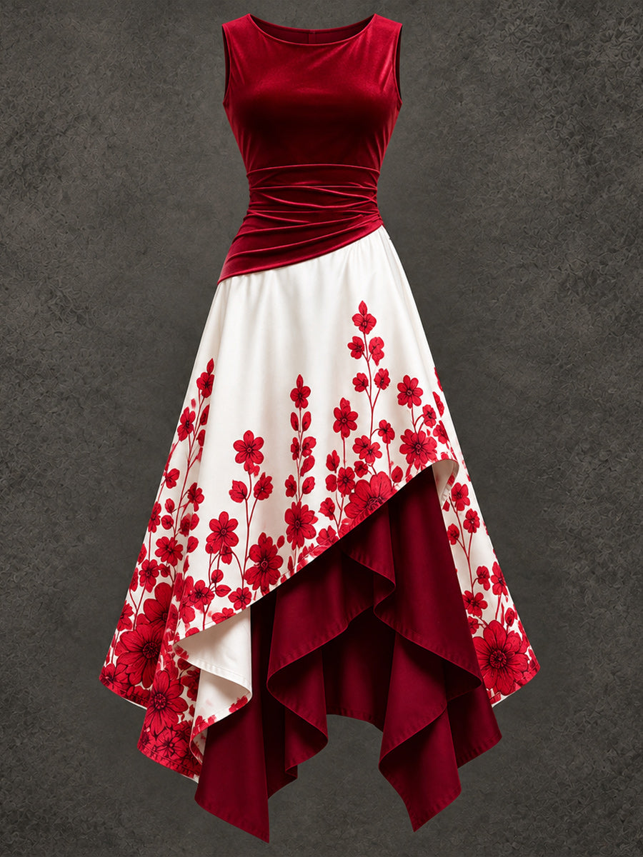 Retro Art Printed Vintage Sleeveless Irregularly Layered Stitched Midi Dress