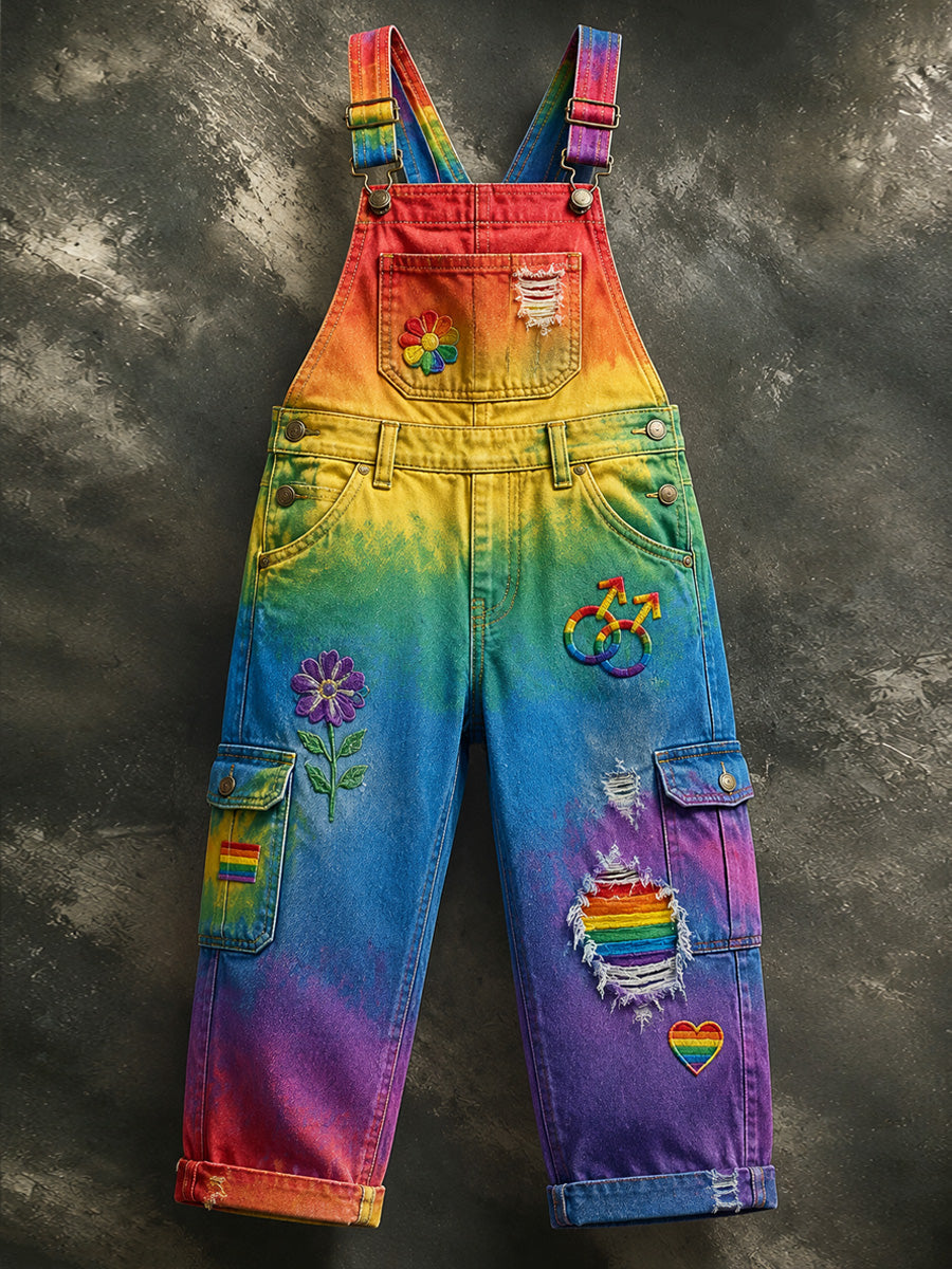 Men's Retro Pride Month Rainbow Art Print Vintage Casual Washed Cotton Denim Patchwork Jumpsuit