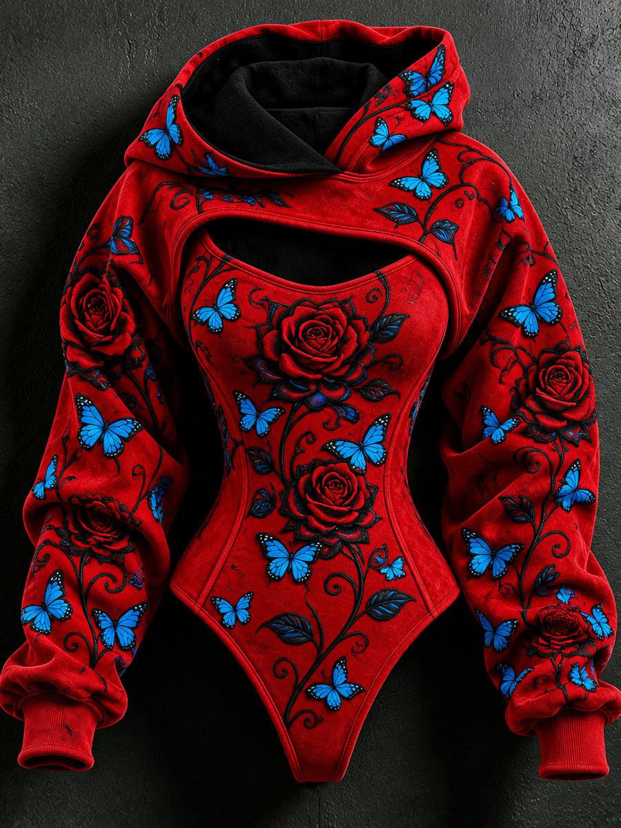 Women's Vintage Art Stretch Bodysuit Hooded Sweatshirt Two-Piece Set