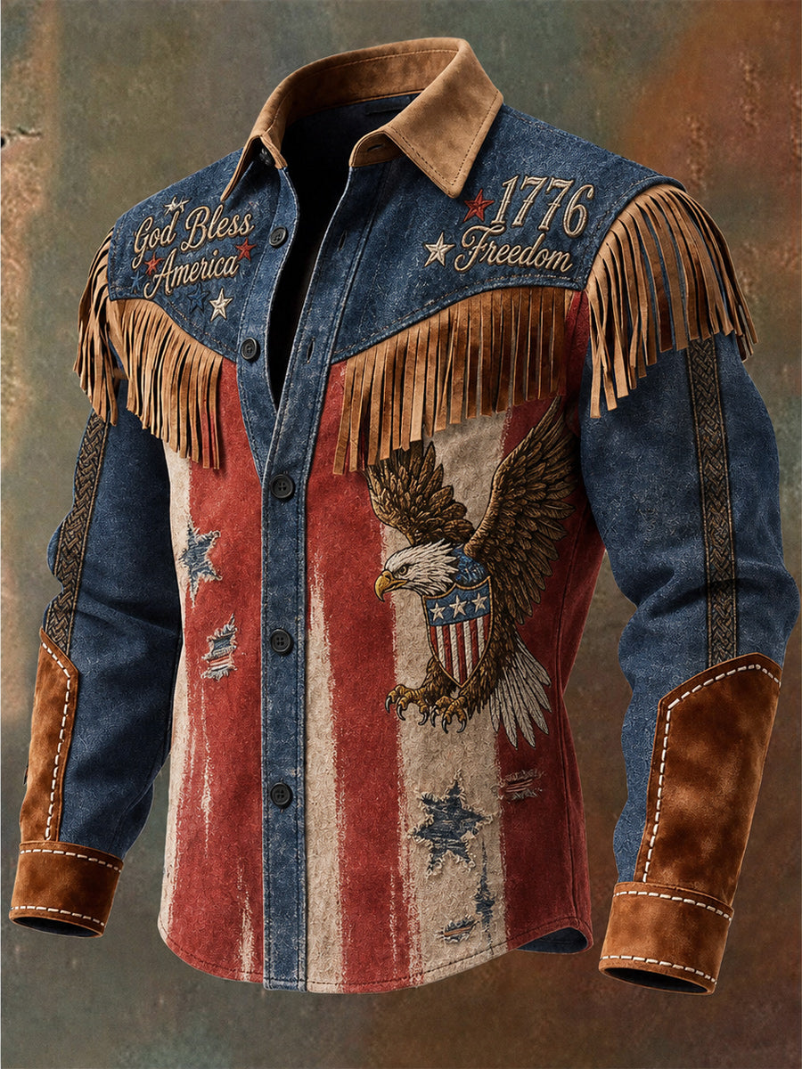 Men's Retro USA Old Glory Art Print Western Vintage Tassel Casual Long Sleeve Shirt
