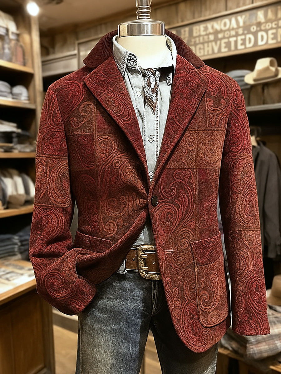 Men's Retro Western Art Print Casual Pocket Blazers