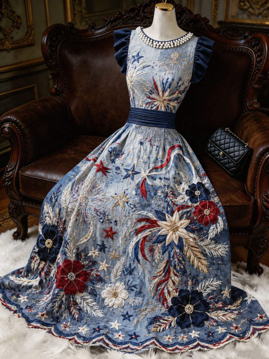 Retro Floral Art Printed Elegant V-Neck Ruffled Sleeves Maxi Dress