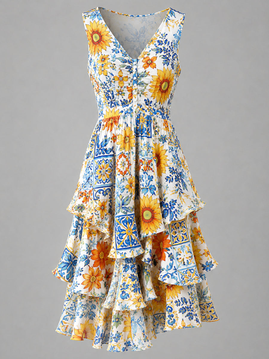 Floral Art Printed Vintage V-Neck Sleeveless Midi Dress