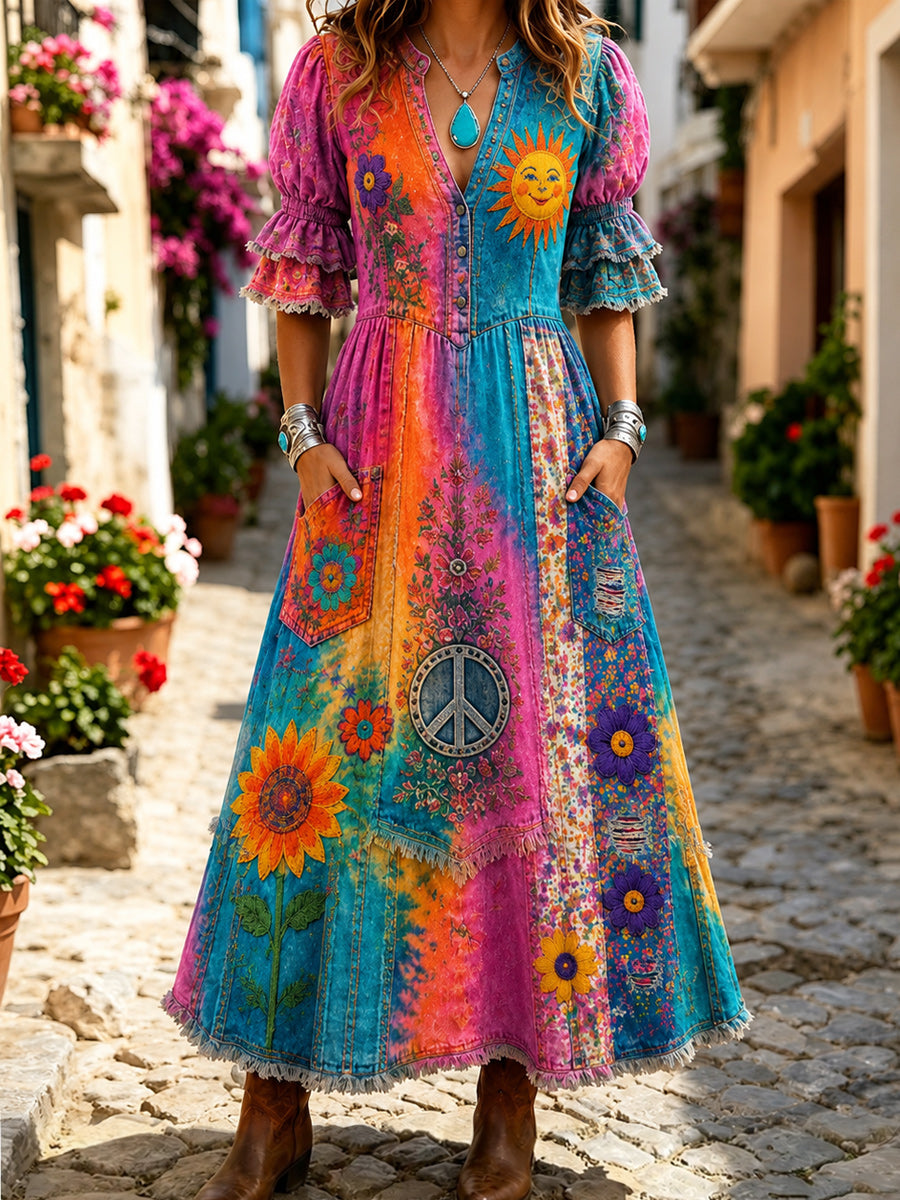 Women's Retro Art Print Washed Cotton Lace Patchwork Midi Dress