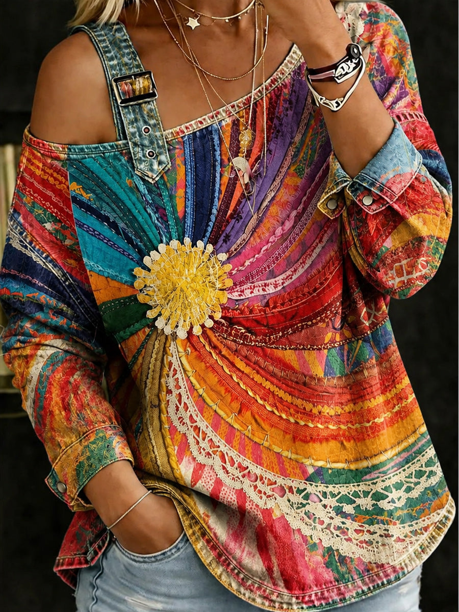 Retro Style Art Print Shoulder Straps Off-The-Shoulder Long Sleeve Top