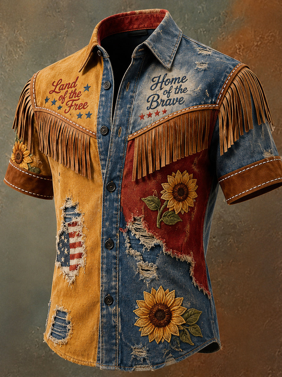 Men's Retro Western Printed Vintage Tassel Casual Short Sleeves Shirt