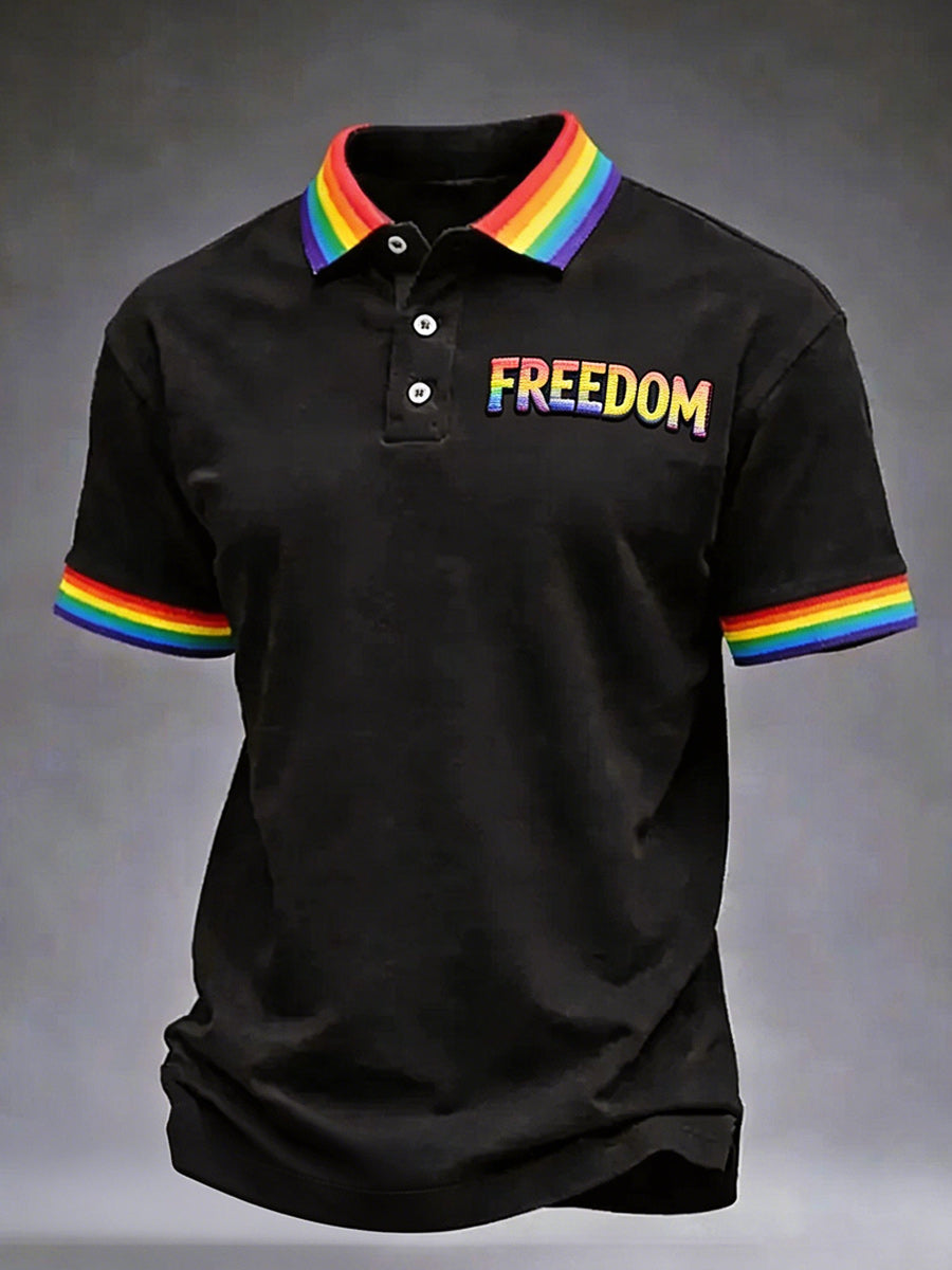 Retro Pride Month Rainbow Art Printed Retro Round Neck Short Sleeves Polo-Shirt