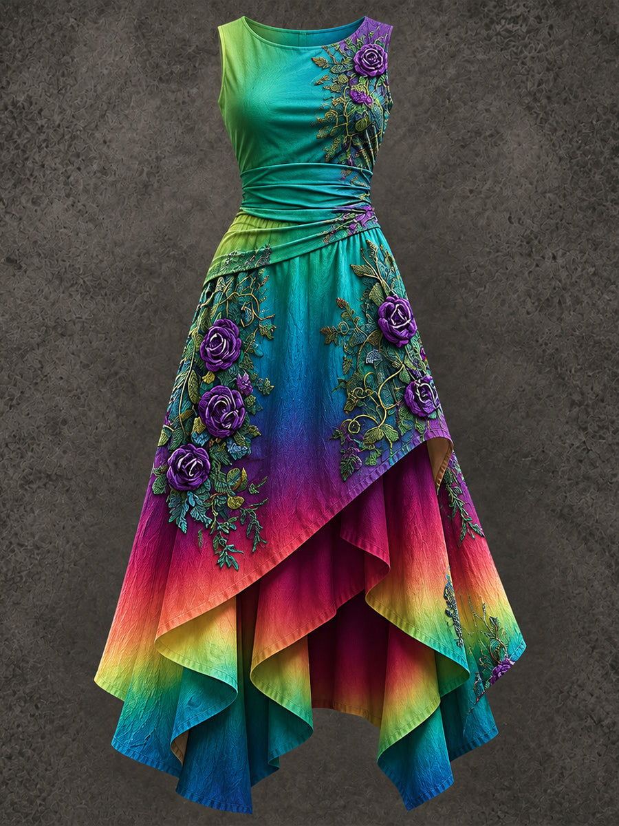 Retro Art Printed Vintage Sleeveless Irregularly Layered Stitched Midi Dress