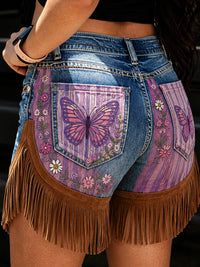 Women's Retro Floral Art Print Casual Leather Fringe Patchwork Pocket Shorts