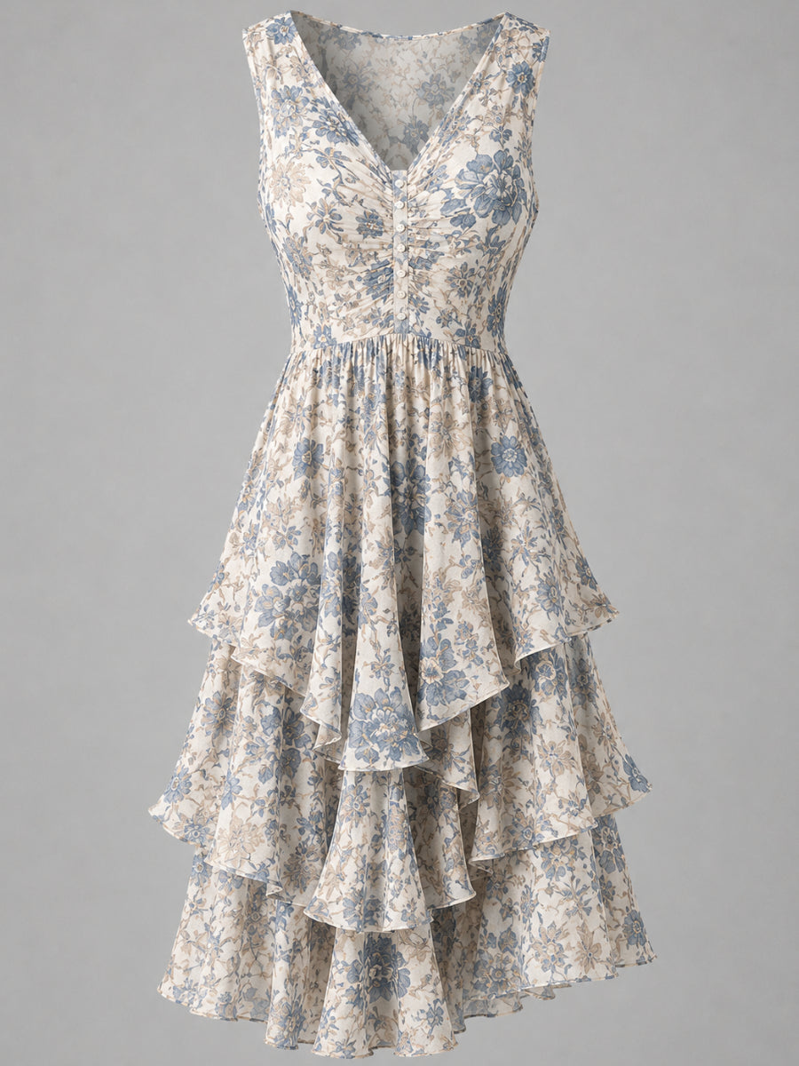 Floral Art Printed Vintage V-Neck Sleeveless Midi Dress
