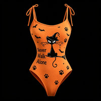 Women's Retro Halloween Black Cat Paw Bat Print Hoodie Two-piece Set