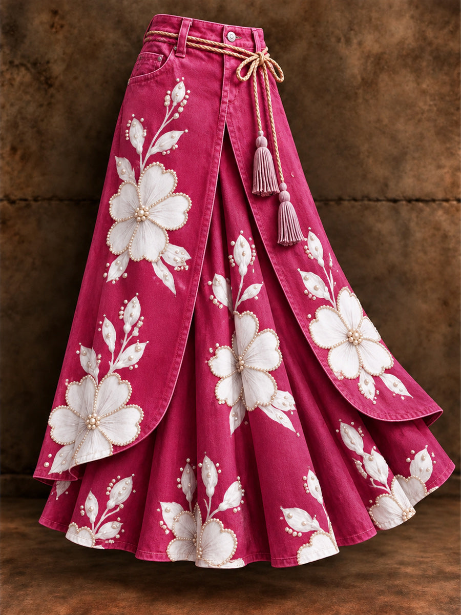 Women's Vintage Floral Asymmetrical Midi Skirt