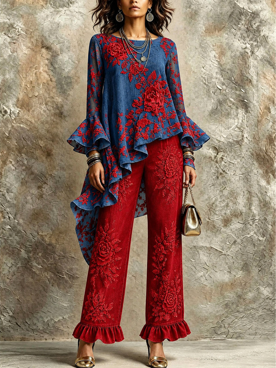 Retro Style Art Printed Wave-Shaped Irregular Oblique Long-Sleeved Top And Pants Set