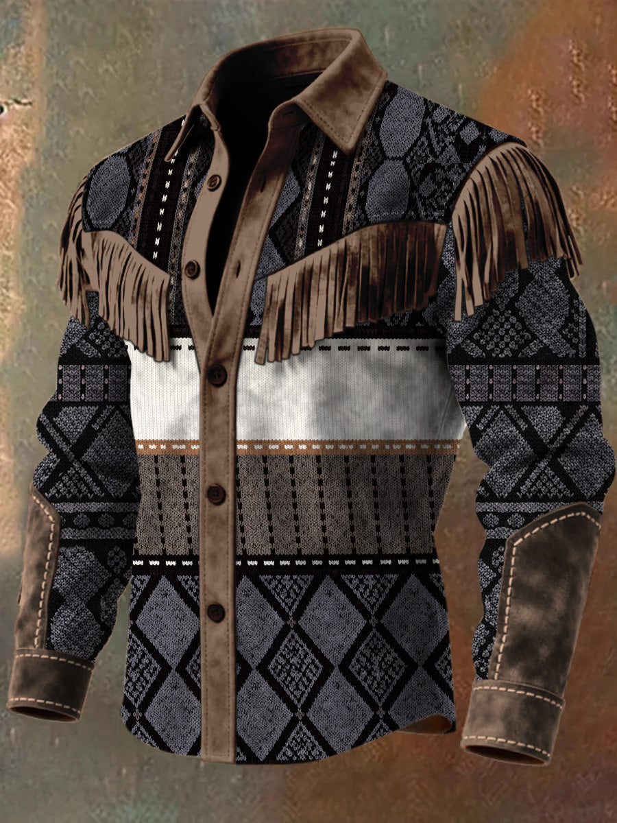 Men's Retro Western Style Art Print Vintage Tassel Casual Long Sleeve Shirt