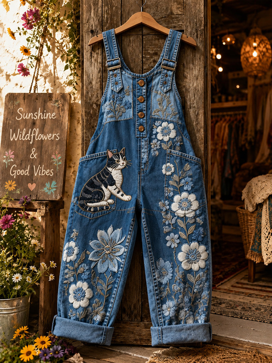 Women's Retro Style Art Print Washed Cotton Denim Patchwork Jumpsuit