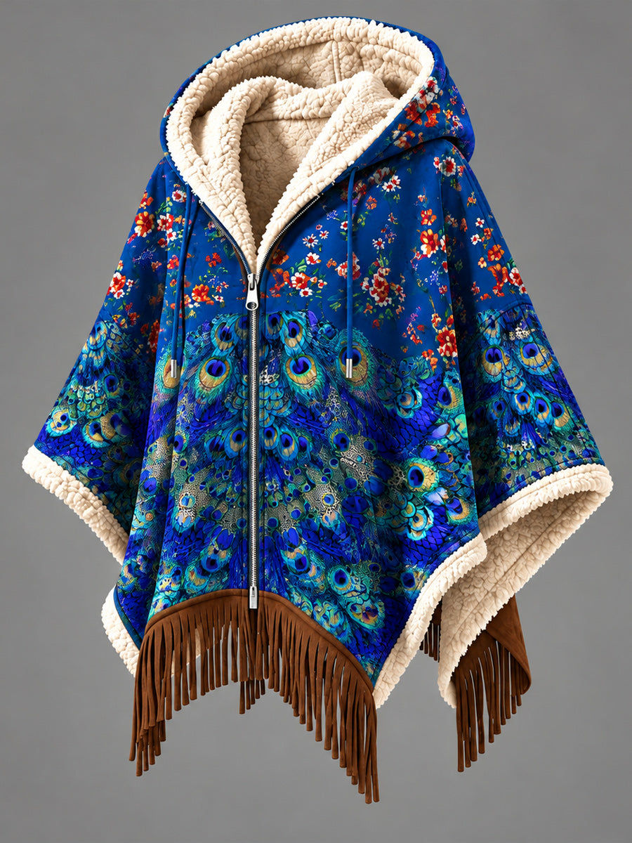 Women's Fall Winter Vintage Art Fleece-Lined Hooded Fringe Poncho