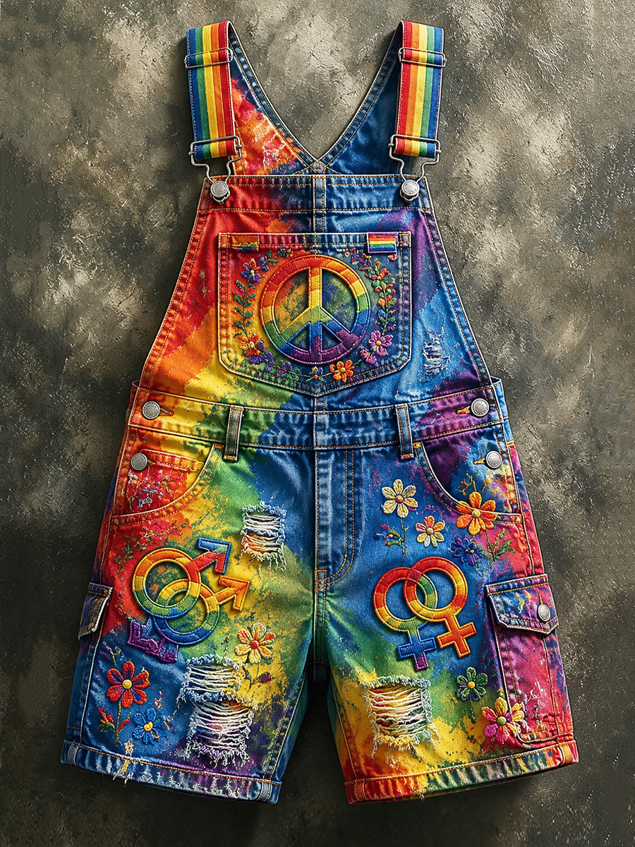 Men's Retro Pride Month Rainbow Art Print Washed Cotton Denim Patchwork Jumpsuit