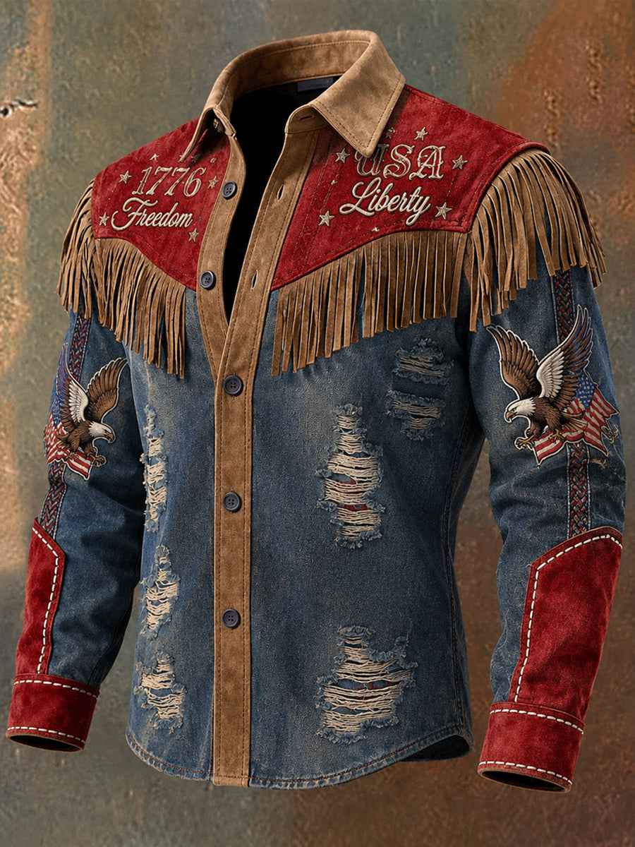 Men's Retro USA Old Glory Art Print Western Vintage Tassel Casual Long Sleeve Shirt