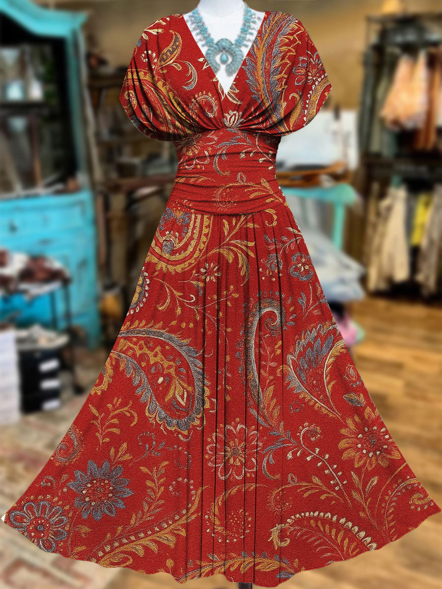 Retro Floral Art Printed Elegant V-Neck Vintage Batwing Short Sleeve Maxi Dress