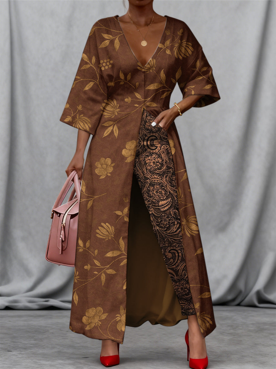 Retro Boho Floral Art Print Vintage Long Split Shirts Dress Skinny Pants Two-Piece Set
