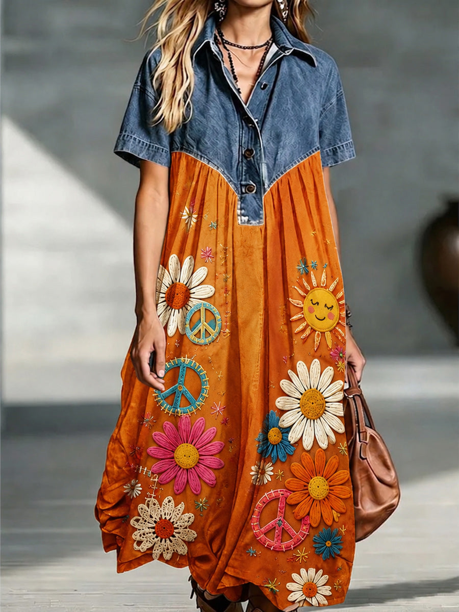 Denim Spliced Gradient Floral Shirt Maxi Dress