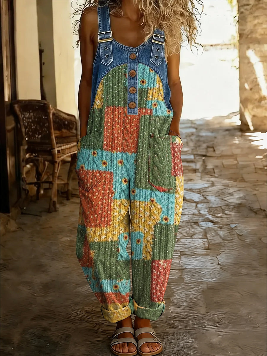 Women's Retro Style Art Print Washed Cotton Denim Patchwork Jumpsuit