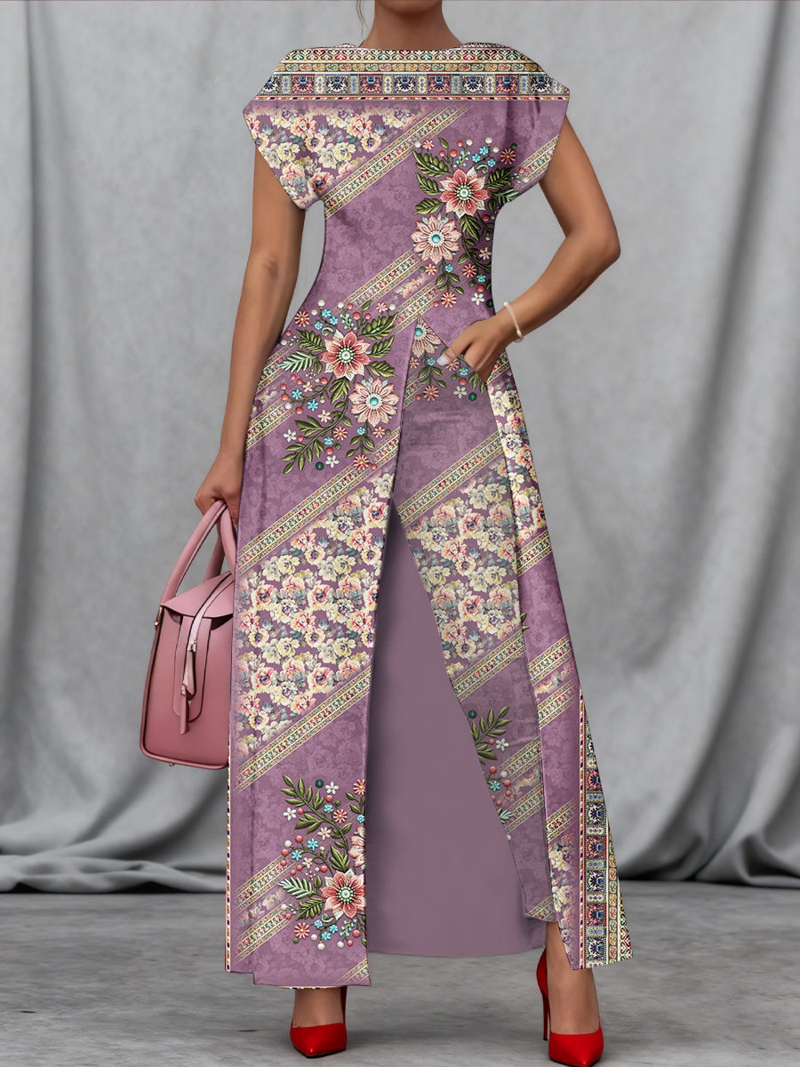 Retro Boho Floral Art Print Vintage Long Split Shirts Dress Skinny Pants Two-Piece Set