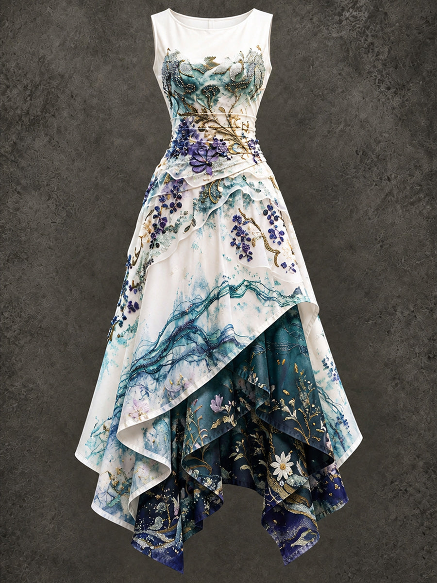 Retro Art Printed Vintage Sleeveless Irregularly Layered Stitched Midi Dress