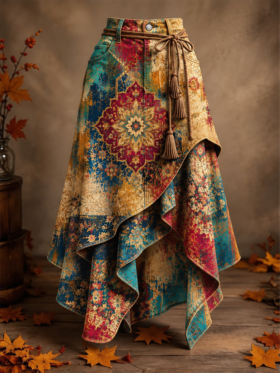 Women's Retro Style Art Print Irregularly Layered Stitched Skirt