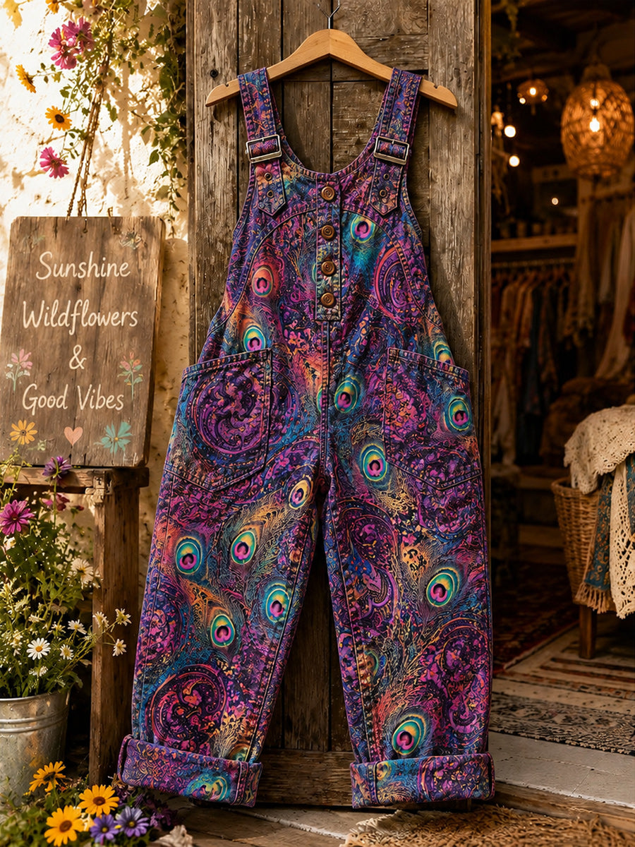 Women's Retro Style Art Print Washed Cotton Denim Patchwork Jumpsuit