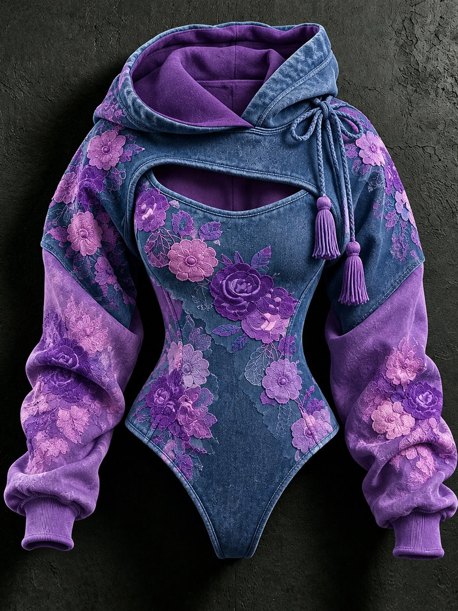 Women's Vintage Art Stretch Bodysuit Hooded Sweatshirt Two-Piece Set