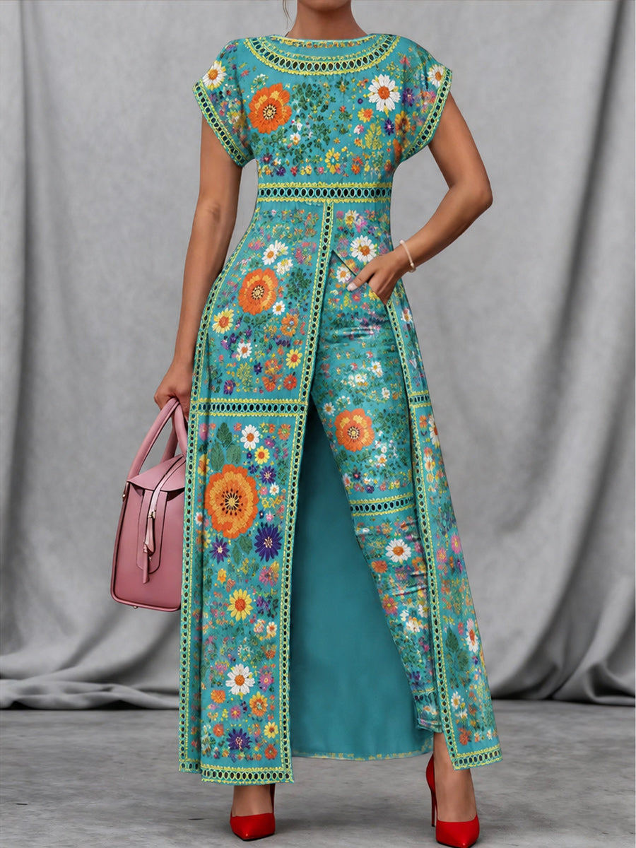 Retro Style Art Print Vintage Long Split Shirts Dress Skinny Pants Two-Piece Set
