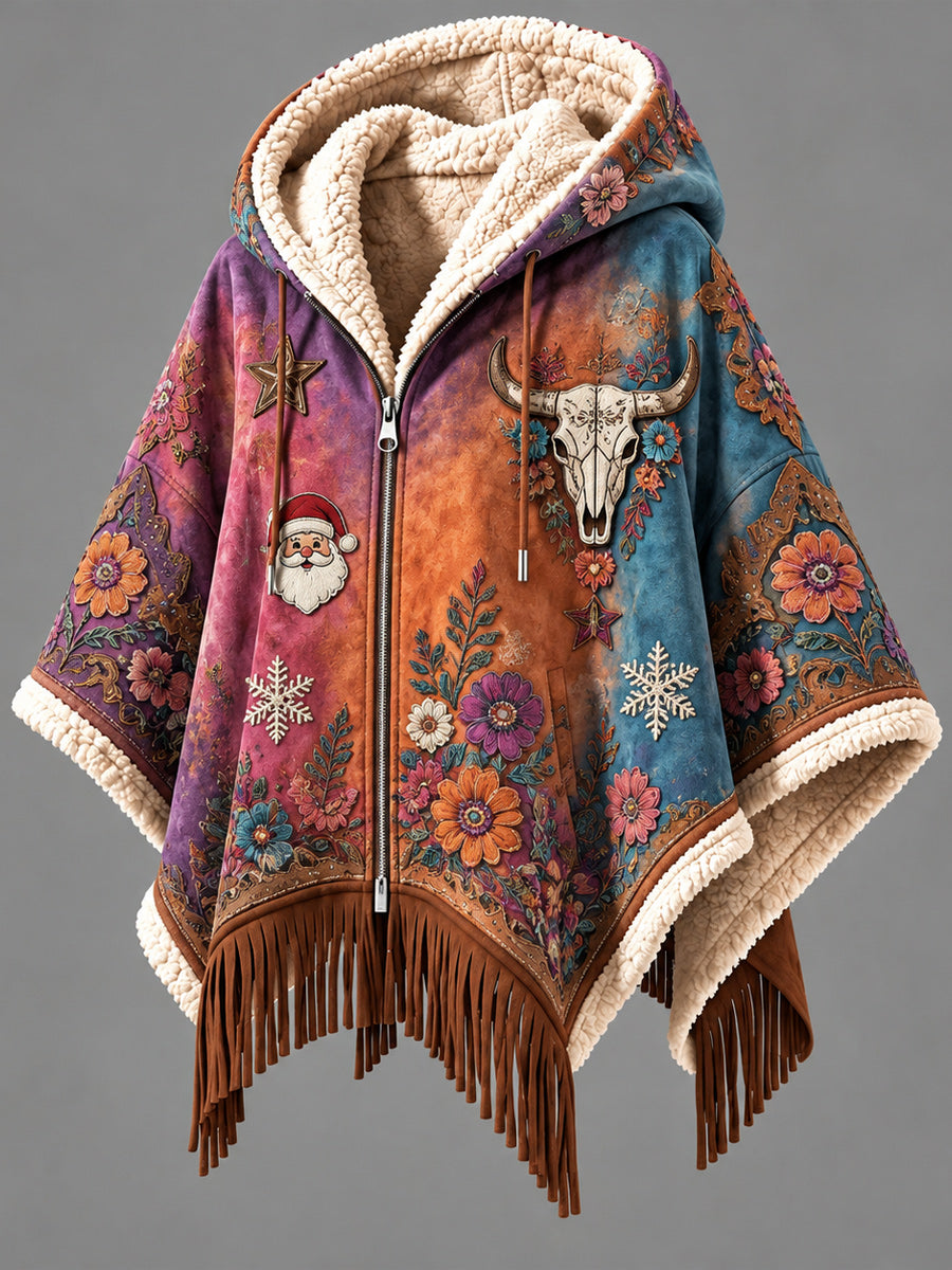 Women's Fall Winter Vintage Art Fleece-Lined Hooded Fringe Poncho