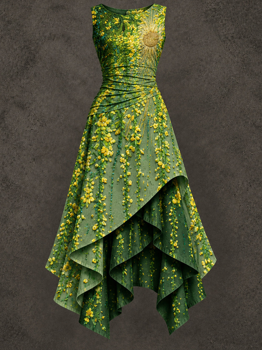 Retro Art Printed Vintage Sleeveless Irregularly Layered Stitched Midi Dress